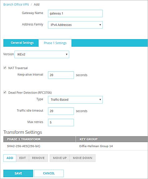 Screen shot of the Phase 1 Settings